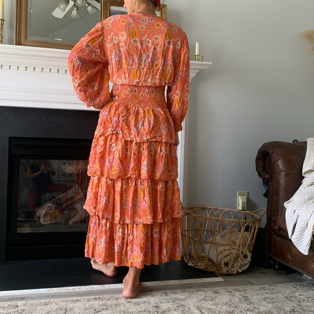 ELF Wrap Dress made by hand Size L birds Floral print ruffle smocked waist tie - Picture 15 of 16